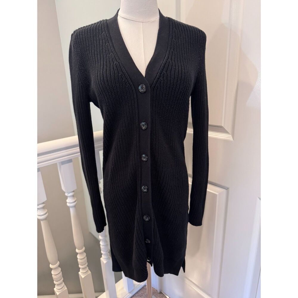 Cabi Madison Black Ribbed Knit Long Duster Cardigan Sweater V-Neck 100 Cotton XS